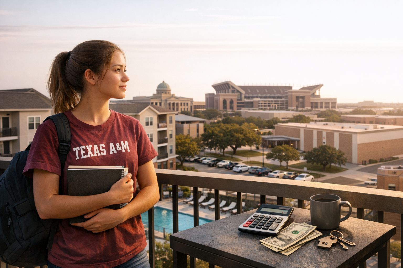 Texas A&M students reviewing a budget spreadsheet in a modern off-campus living room.
